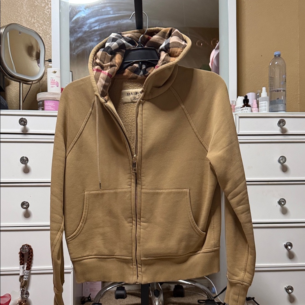 Burberry Tan Bomber Jacket with Plaid Hood